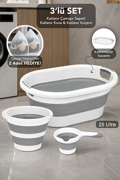 Meleni Home 3'lü Banyo Seti - 25 Lt Katlanabilir Çamaşı Sepeti Su Kovası Maşr...