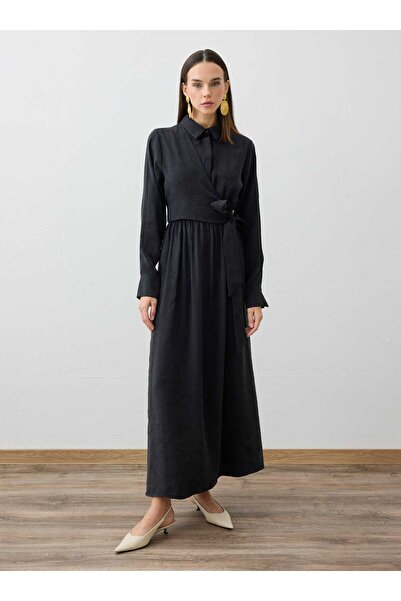 Refka Side Tie Detail Shirt Collar Hijab Dress - Black - - Exclusive