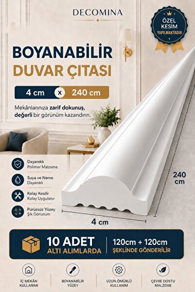MİVA KONSEPT Dekoratif Boyanabilir Duvar Çıtası (En:4cm-Boy:240cm)