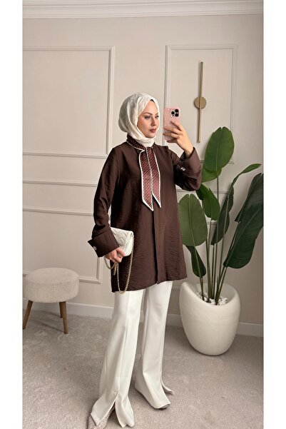 ensade Wide Cuff Tunic with Scarf Detail - Comfortable Fit, Summer Textured F...