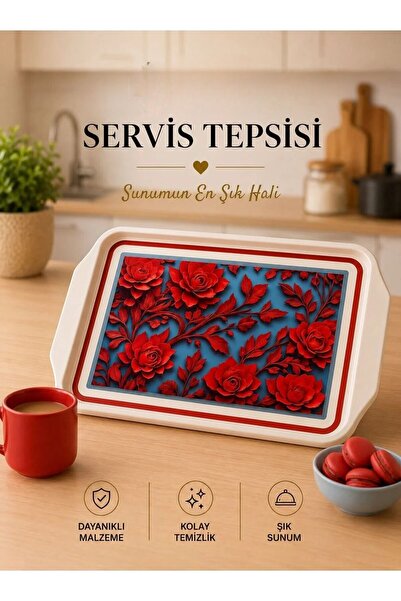 Galeriyo Kırmızı Çiçek Desenli Servis Tepsisi