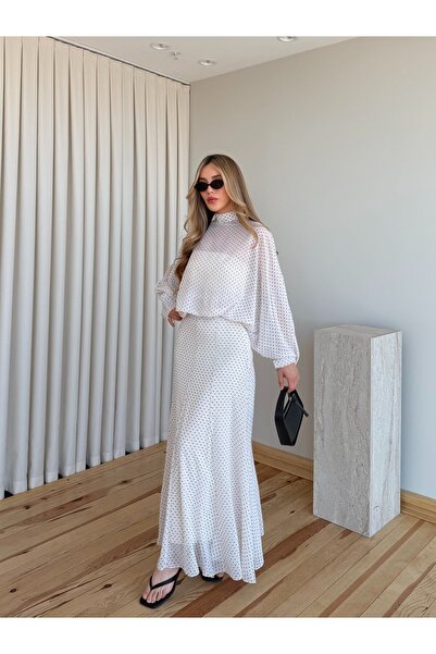 Laluvia Ecru Chiffon Polka Dot Blouse Skirt Set - 4097 - 3215
