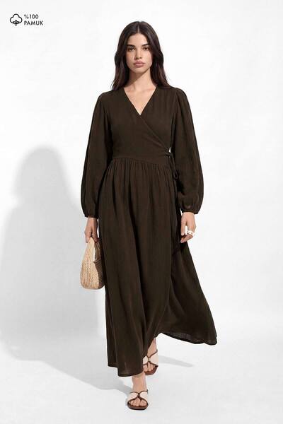 Hooopstore Kimono Closure Long Muslin Brown Dress