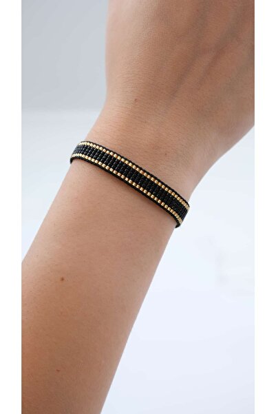 Jerie Gold Stripe Detail Miyuki Knitted Bracelet