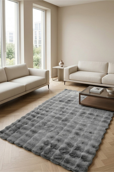 Ayduran Halı Tavşan Tüyü Gri Bubble Peluş Düz Renk Premium Süet Tabanlı Kayma...