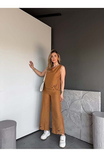 Zerrincan Giyim Taba Sıfır Kol Nakış Parçalı Keten Takım