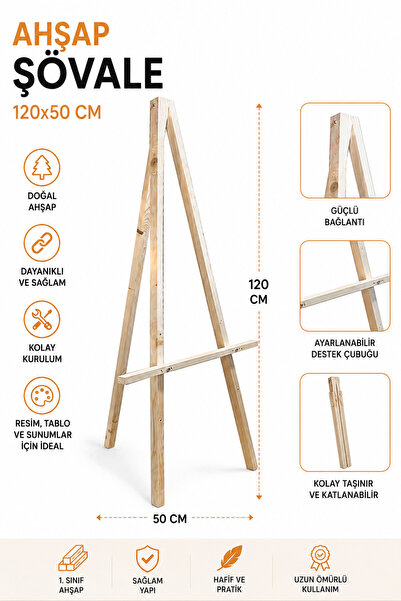 Marka Matenon Design Ahşap Şövale 120x50 cm Katlanabilir Resim ve Sunum Stand...