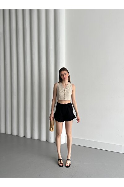 lab boutique PİLELİ SİYAH KADIN ŞORT