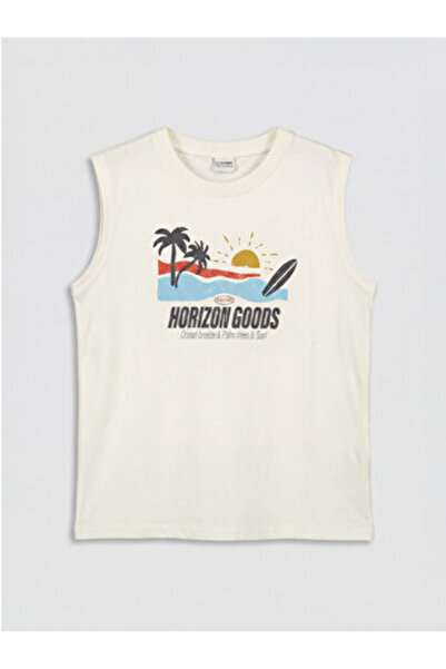 LC Waikiki New Season Ecru Crew Neck Printed Boys' Undershirt