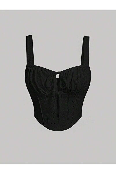 WEEST MODA Nakış Desenli Göğüs Dekolteli Geniş Askılı Crop Bluz