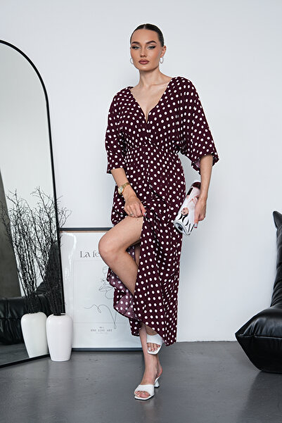NAVY Bat Sleeve V-Neck Slit Polka Dot Patterned Midi Dress