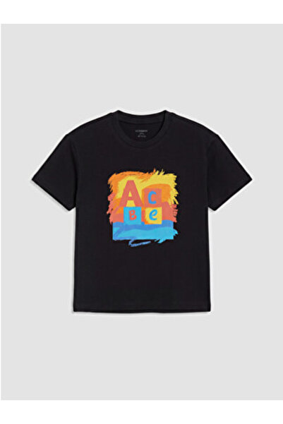 LC Waikiki New Season Black Crew Neck Printed Boys' T-Shirt