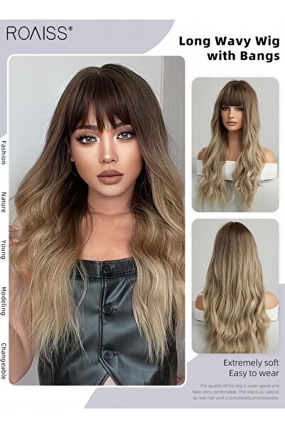 ROAISS Long Wavy Wig with Bangs for Women, Natural Soft Synthetic Heat Resist...