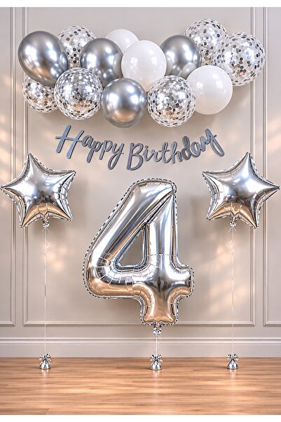 SİNDA Happy Birthday Gümüş -Doğum Günü Partisi Seti - Yaş Günü Konsepti - Rak...