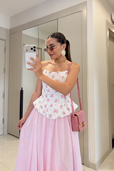 Gizem Ecemiş Loleta Beyaz Çiçekli Korse Büstiyer