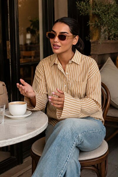 Madmext Beige Striped Sendy Fabric Women's Shirt Mg2834