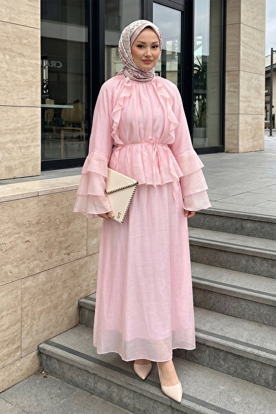 FERHEL Women's Ruffle Spanish Sleeve Lined Lace-Up Blouse Skirt Cupra Set - Pink