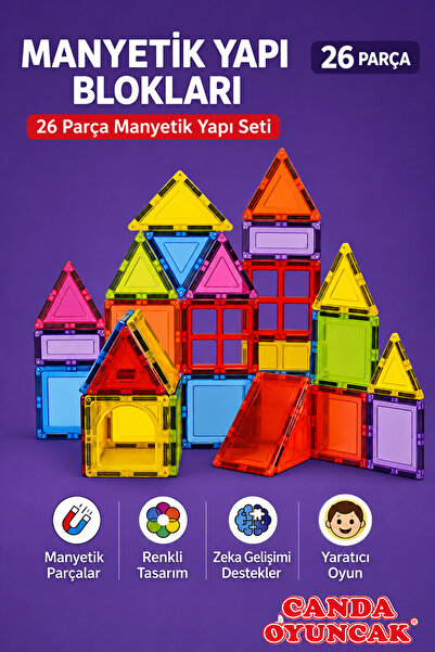 Canda Oyuncak 26 Parça Manyetik Magnet Renkli Yapı Blokları