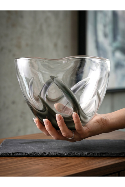 NAHR Handmade Luxury Glass Decorative Plate - 25cm Thick Smoke Design Glass B...
