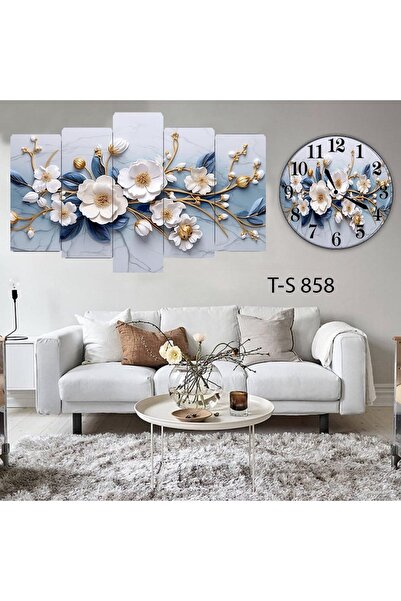 BellaaaModa Çiçekli Dekoratif Desenli Mdf Tablo 5 Parça Set ve Saatli Takım, ...