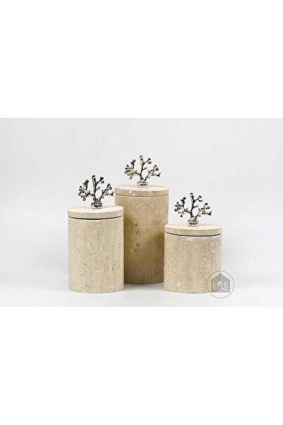 Ege Home Decoration طقم برطمانات من الرخام الطبيعي المزخرف من الترافرتين، 3 ق...
