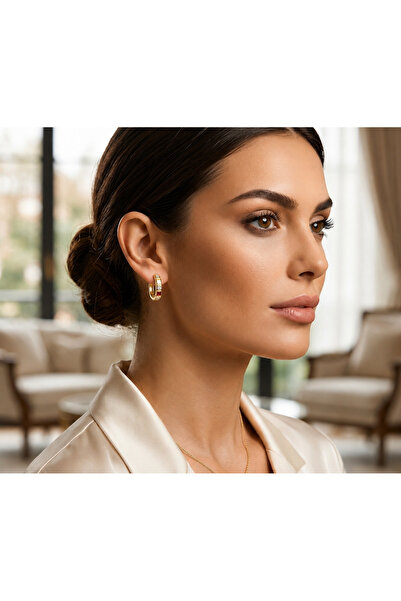 FM 💎   Premium Gold Color Shiny Geometric Stone Detailed Bijouterie Hoop Ear...