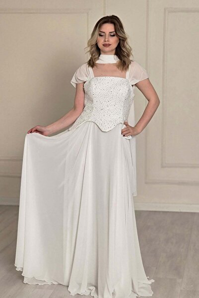 Yonca Moda Evi Beyaz Şifon Askılı Abiye 4077