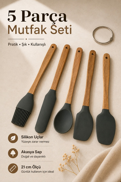 Ev Modu Home 5 Parça Mini Silikon Mutfak Gereçleri Seti Akasya Saplı Servis v...