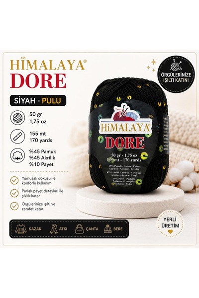 Himalaya Dore Pullu El Örgü İpi 50 gr - Siyah (Siyah - Pulu)
