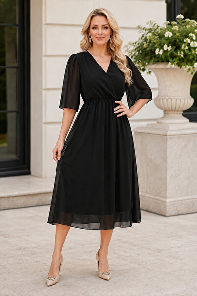 IŞILTI Women's Double Breasted Collar Half Sleeve Lined Black Midi Chiffon Dress