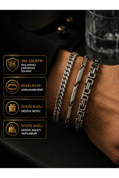 PURE BERRY Men's 3-Piece Steel Bracelet Set