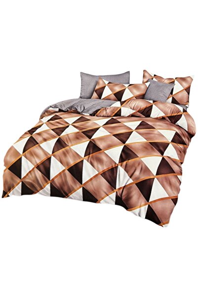 OEM Double bed linen, fine cotton, 6 pieces, white with copper and brown geom...