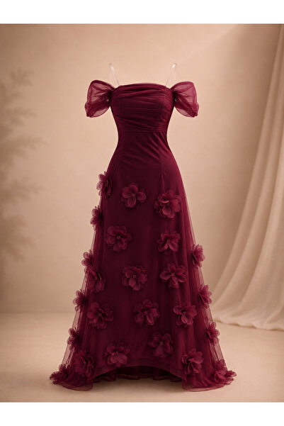 Queens dresses فستان سهرة ماكسي مكشوف الأكتاف مزين بأزهار ثلاثية الأبعاد