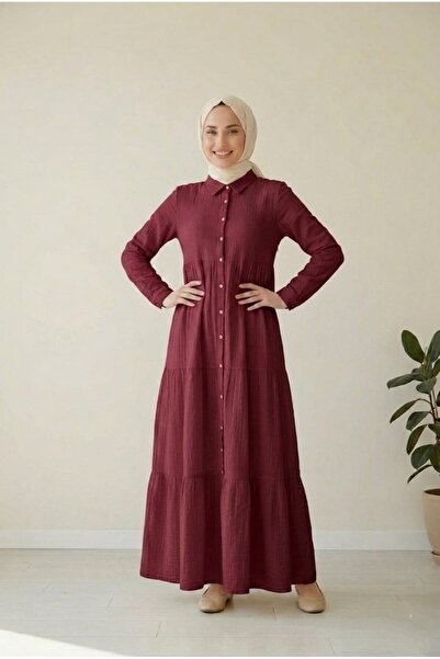 PORİENTO Burgundy Women's 100% Cotton Muslin Fabric Dress Buttoned Shirt Coll...
