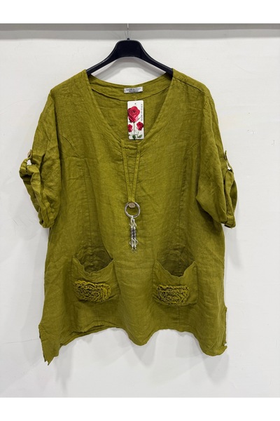 della moor Women's Olive Green Italian Folded Short Sleeve Oversize Linen Tun...