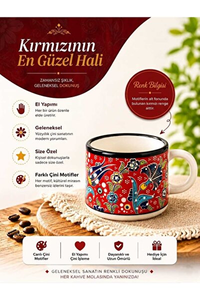 Home Anadolu çini desenli seramik kahve kupası Kırmızı renk