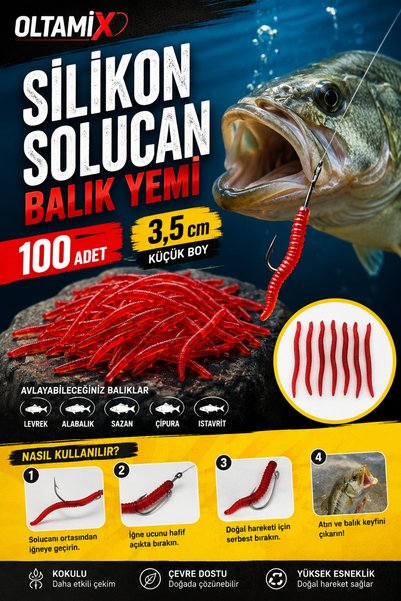 OLTAMİX Silikon Solucan Balık Yemi 100 Adet 3,5 cm Küçük Boy Kokulu Kırmızı Yem
