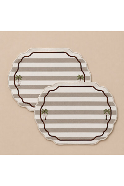 LİONYA DESİGN 2 Pieces Palm Tree Embroidered Striped Premium Duck Fabric Plac...
