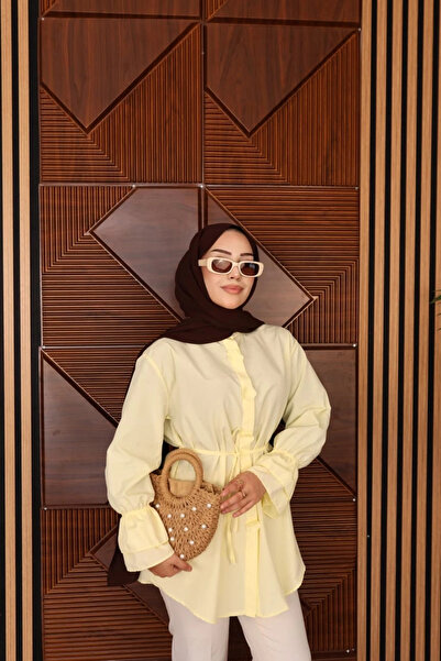 DEFNECE BUTİK Floral Detailed Piping Belted Shirt - Yellow
