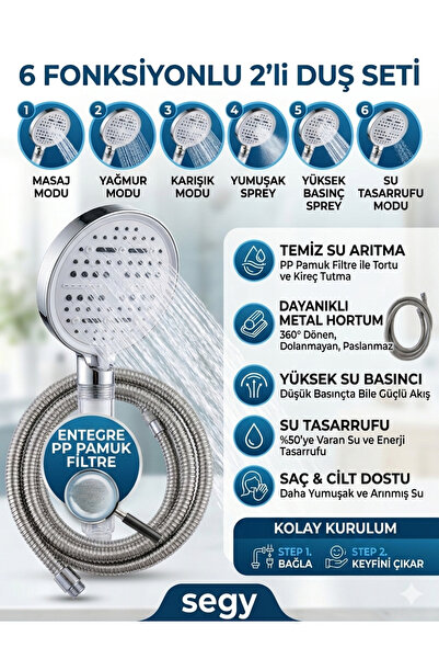 segyhome 2 li Duş Seti/ 6 Fonksiyonlu Filtreli Duş Başlığı + 150 cm Duş Hortumu