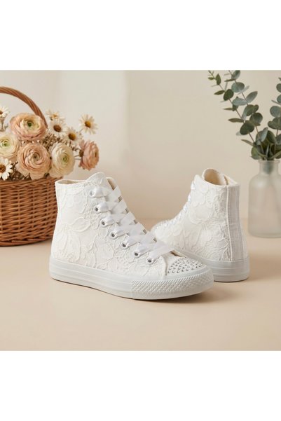 HYS SHOES Women's White Lace High Ankle Bridal Sneaker Lace-Up Bridal Sports Shoes
