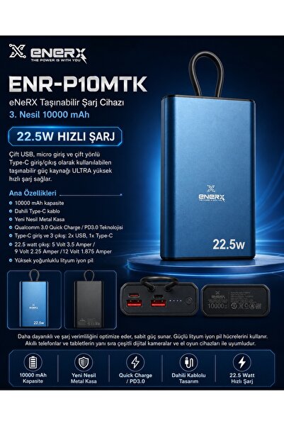 ENERX ENR-P10MTK Powerbank 10000 Mah 22.5W Hızlı Şarj, Dahili Type-C Kablolu ...