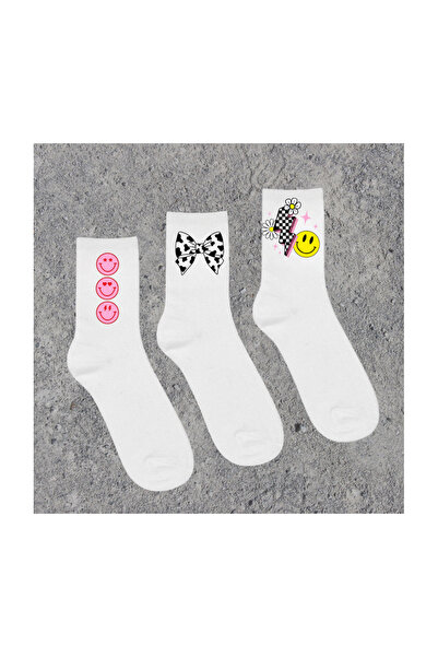 Tubinyoo Flower - Zar - Daisy - Ribbon - Bow Smiling Face Printed White Socks