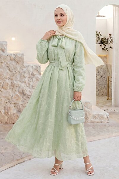 InStyle Mint Green Brode Dress with Lace-Up Collar and Belt
