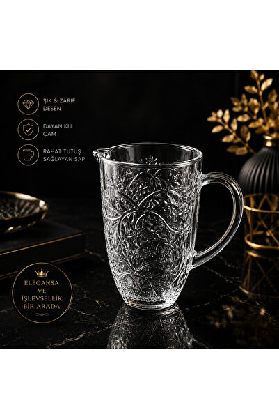 Ucuzuna Bak Vintage Çiçek Kabartma Desenli Şeffaf Cam Sürahi