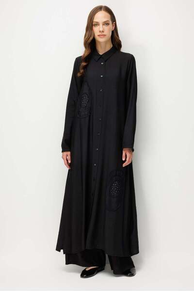 Micca %85 LyoCELL Aller Özel Taş ve Desen İşlemeli Maxi Tunik Elbise Ferace-S...