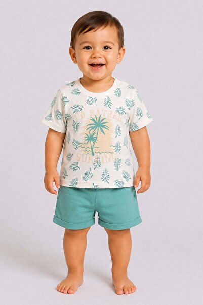 dinamik çocuk Baby boy summer palm tree print short sleeve cotton 2-piece out...