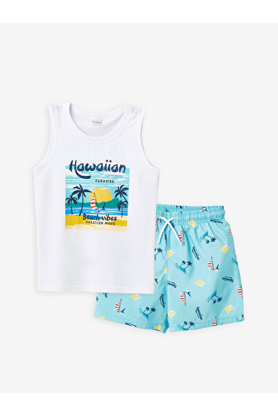 LC Waikiki Maiou cu guler rotund și pantaloni scurți de baie pentru băieți