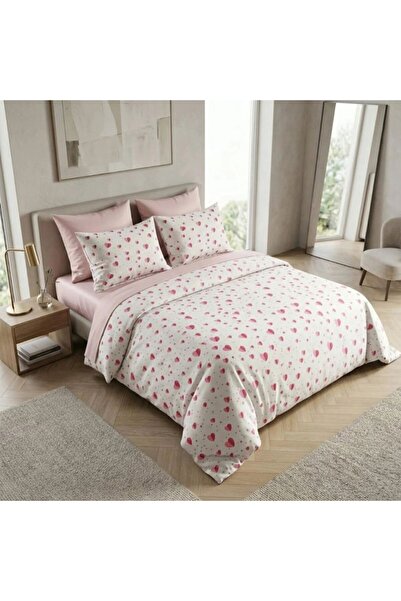 Pucioasa Double Duvet Cover Set made of %100 cotton , 4 pieces, Pink Hearts