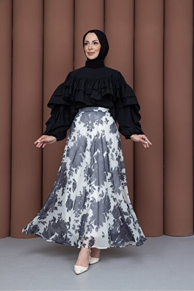 PAVENTİ Digital Two-Piece Suit with Cape Front Skirt Black